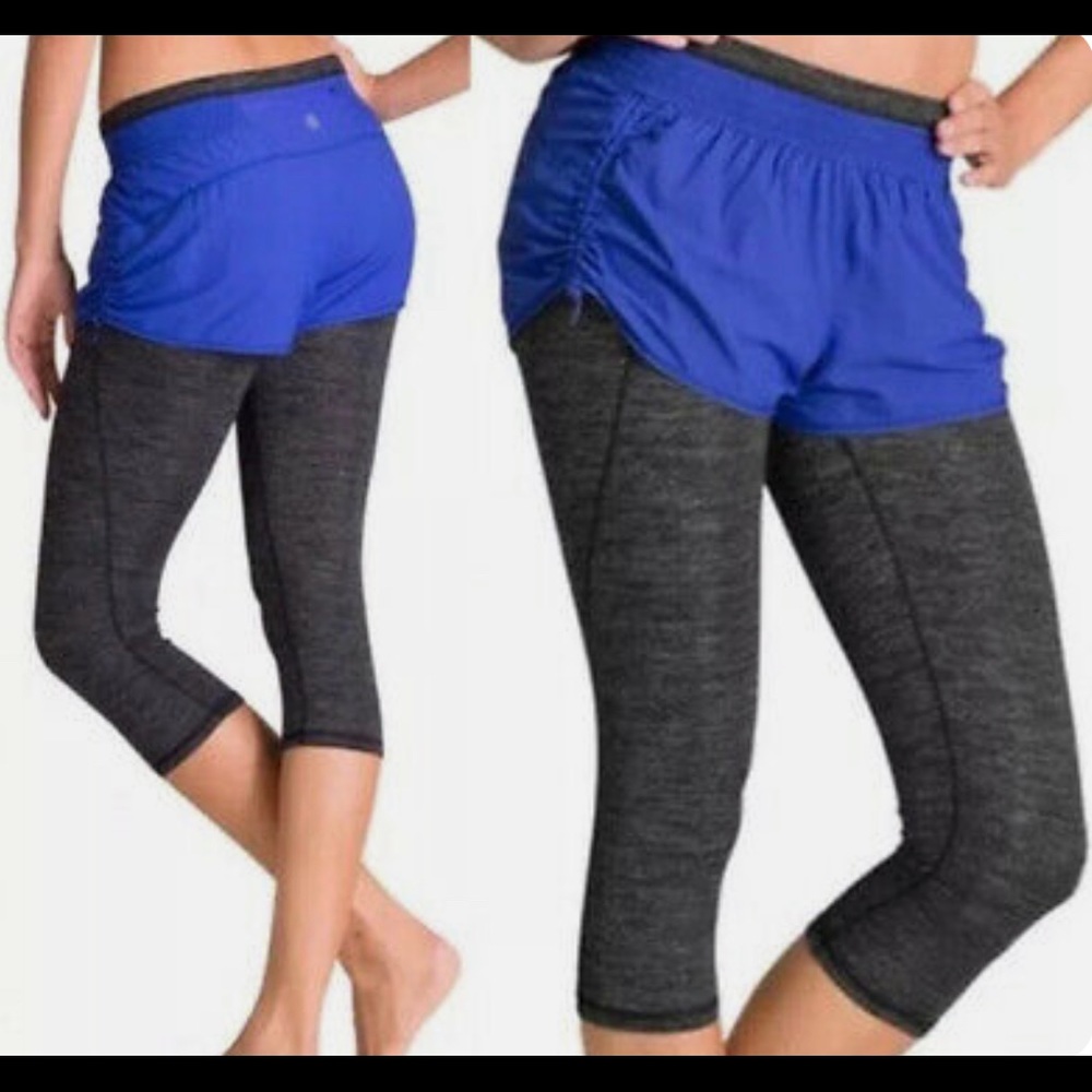 Athleta Go Getter 2 in 1 Legging & Short Combo, Blue & Gray w/ Back Pocket Sz MT